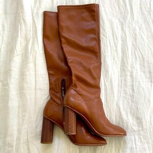 Knee high chestnut brown faux leather boots with block heel franco sarto